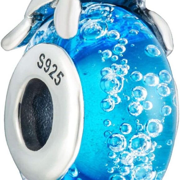 Sea Turtle Charm Sterling Silver with Blue Glass Beads Fit Pandora Ocean Bracele - Picture 1 of 7